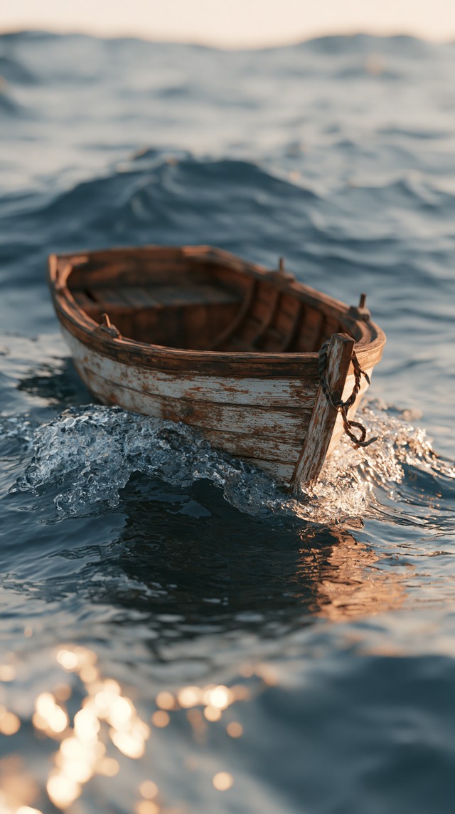 木舟浮在蓝色海浪上，阳光照亮船舷与水面